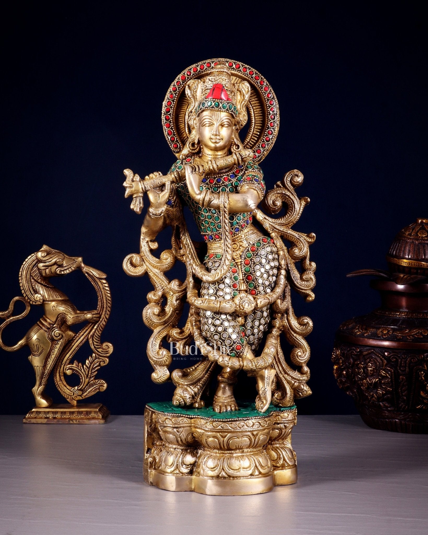 Brass Superfine Lord Krishna Statue - 15.5 Inch meenakari Stonework - Budhshiv.com