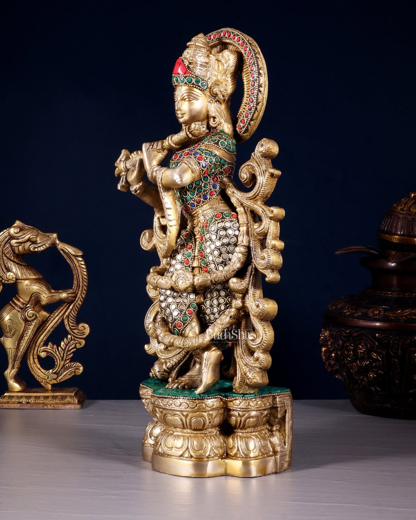 Brass Superfine Lord Krishna Statue - 15.5 Inch meenakari Stonework - Budhshiv.com