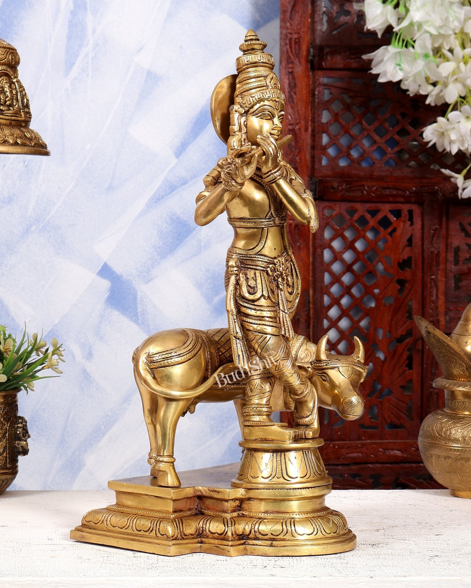 Brass Superfine Lord Krishna with Cow Idol | Highly Detailed South Indian Style | Pure Brass Krishna Sculpture 16 inch - Budhshiv.com