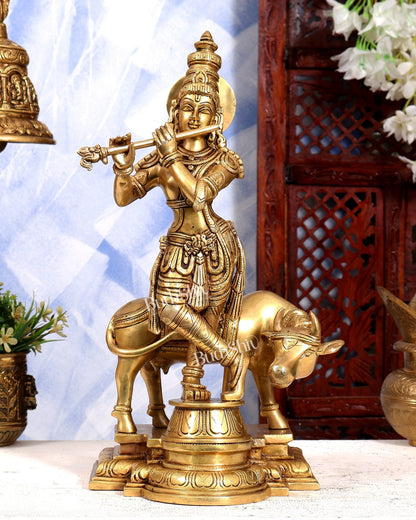 Brass Superfine Lord Krishna with Cow Idol | Highly Detailed South Indian Style | Pure Brass Krishna Sculpture 16 inch - Budhshiv.com