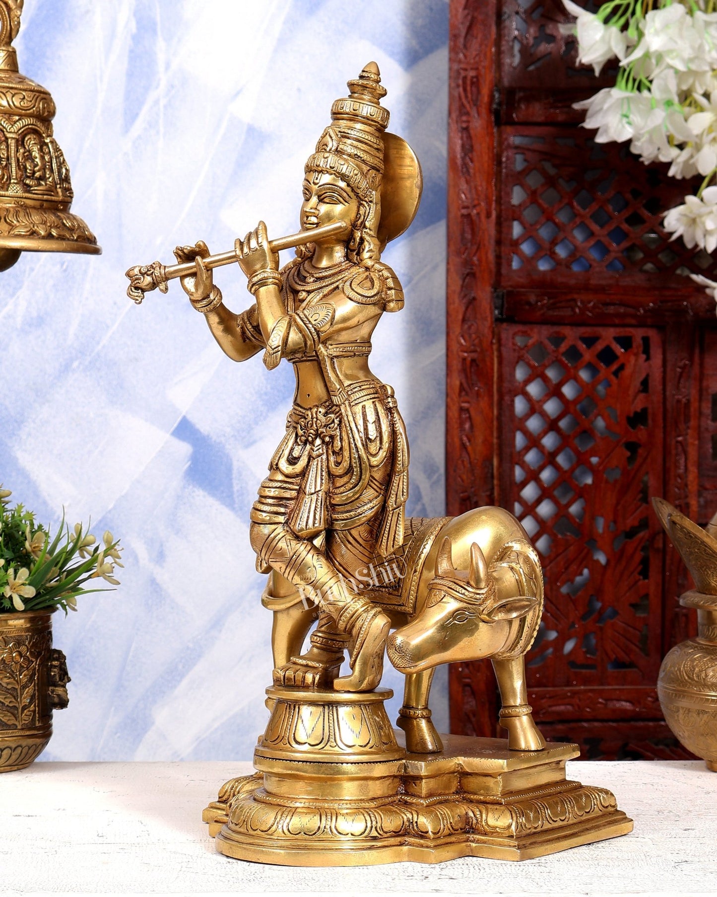 Brass Superfine Lord Krishna with Cow Idol | Highly Detailed South Indian Style | Pure Brass Krishna Sculpture 16 inch - Budhshiv.com