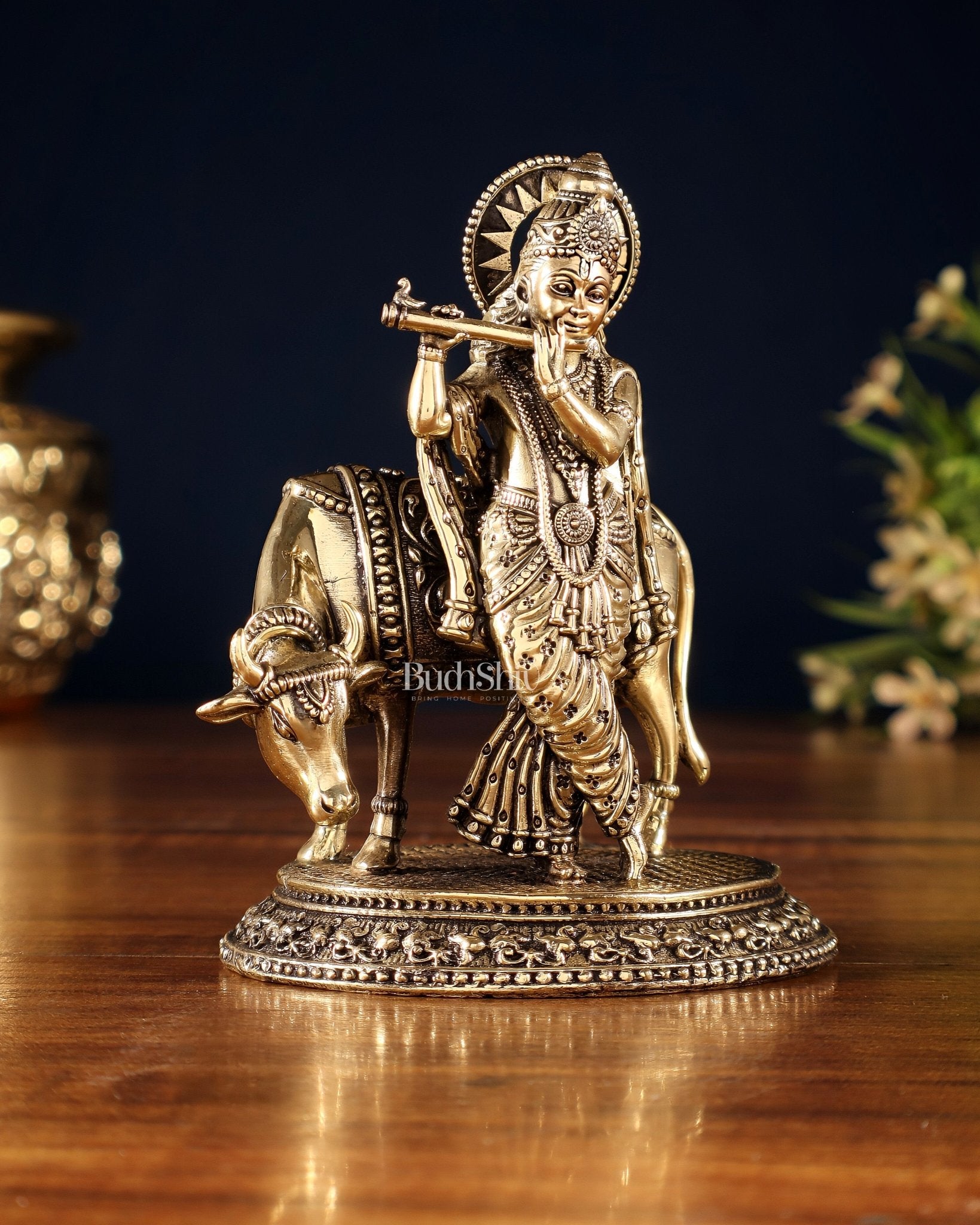 Brass Superfine Lord Krishna with Cow Idol – Intricately Crafted - Budhshiv.com