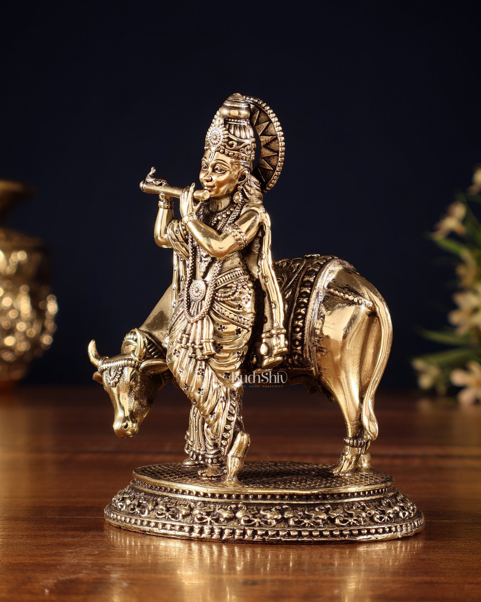 Brass Superfine Lord Krishna with Cow Idol – Intricately Crafted - Budhshiv.com