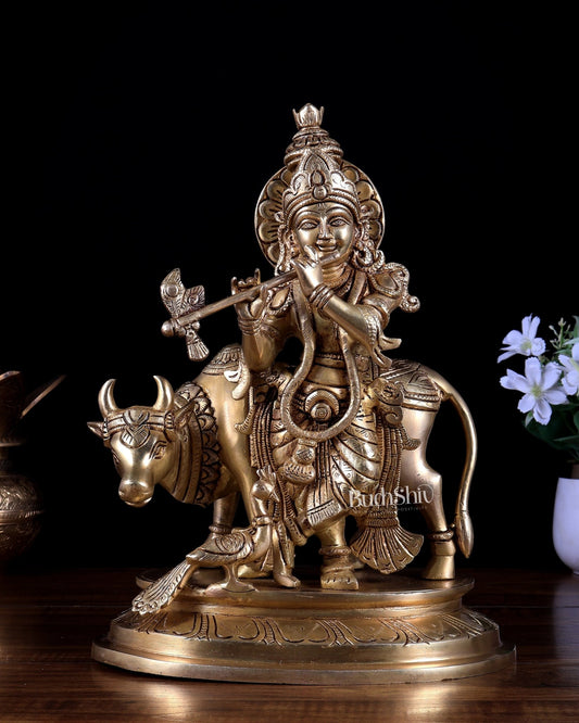 Brass Superfine Lord Krishna with Cow & Peacock – 13 inch - Budhshiv.com