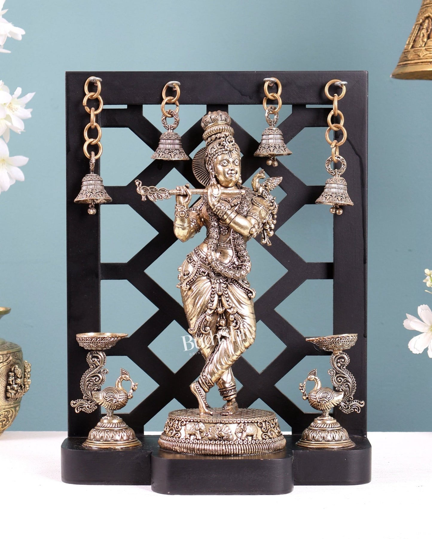 Brass Superfine Lord Krishna with Dual Annam Pakshi Lamps & Hanging Bells – MDF Temple Frame - Budhshiv.com