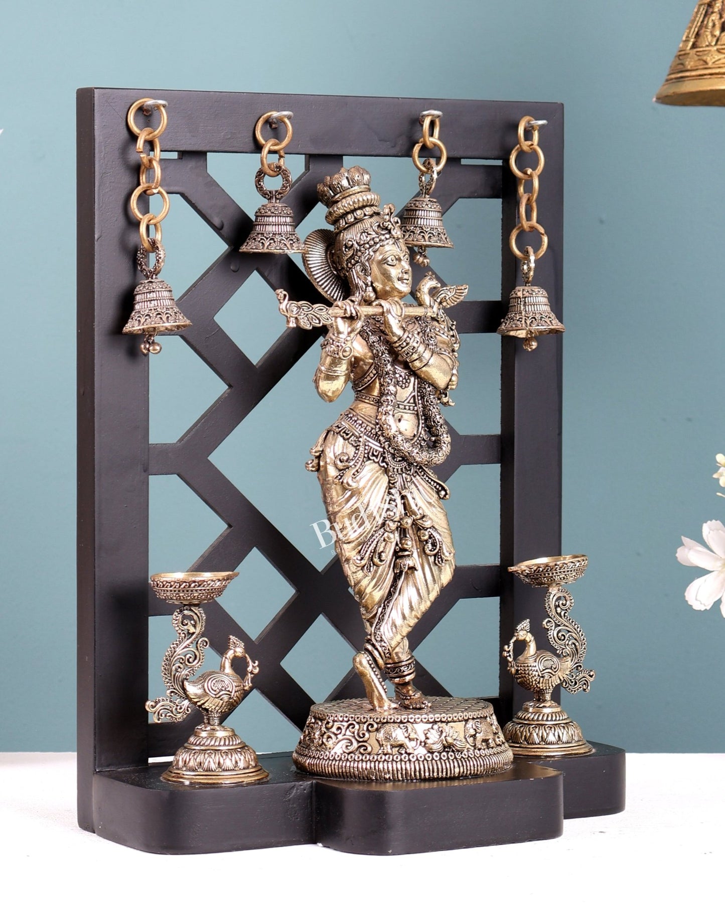 Brass Superfine Lord Krishna with Dual Annam Pakshi Lamps & Hanging Bells – MDF Temple Frame - Budhshiv.com