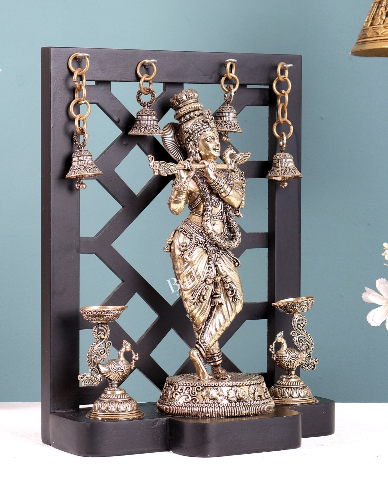 Brass Superfine Lord Krishna with Dual Annam Pakshi Lamps & Hanging Bells – MDF Temple Frame - Budhshiv.com