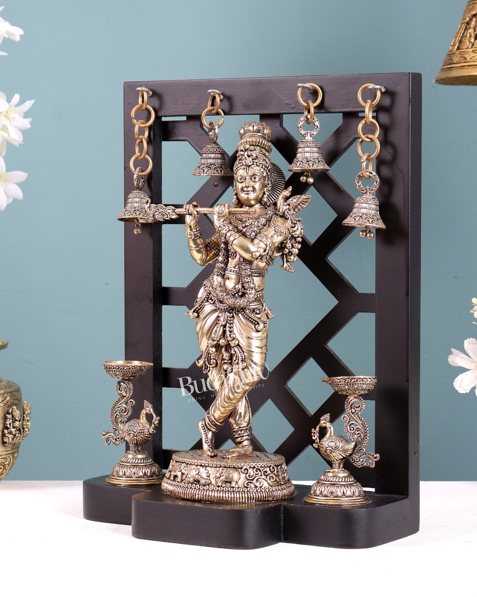 Brass Superfine Lord Krishna with Dual Annam Pakshi Lamps & Hanging Bells – MDF Temple Frame - Budhshiv.com