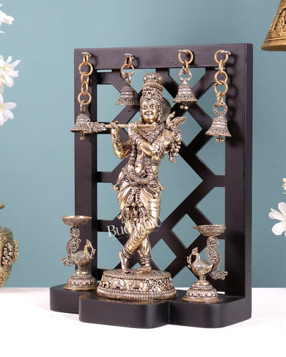 Brass Superfine Lord Krishna with Dual Annam Pakshi Lamps & Hanging Bells – MDF Temple Frame - Budhshiv.com