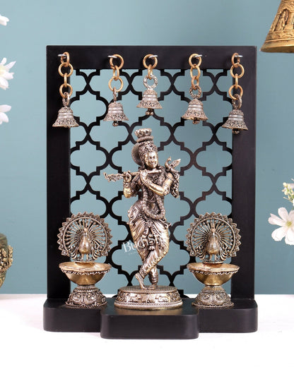 Brass Superfine Lord Krishna with Dual Peacock Lamps & Hanging Bells – MDF Temple Frame - Budhshiv.com