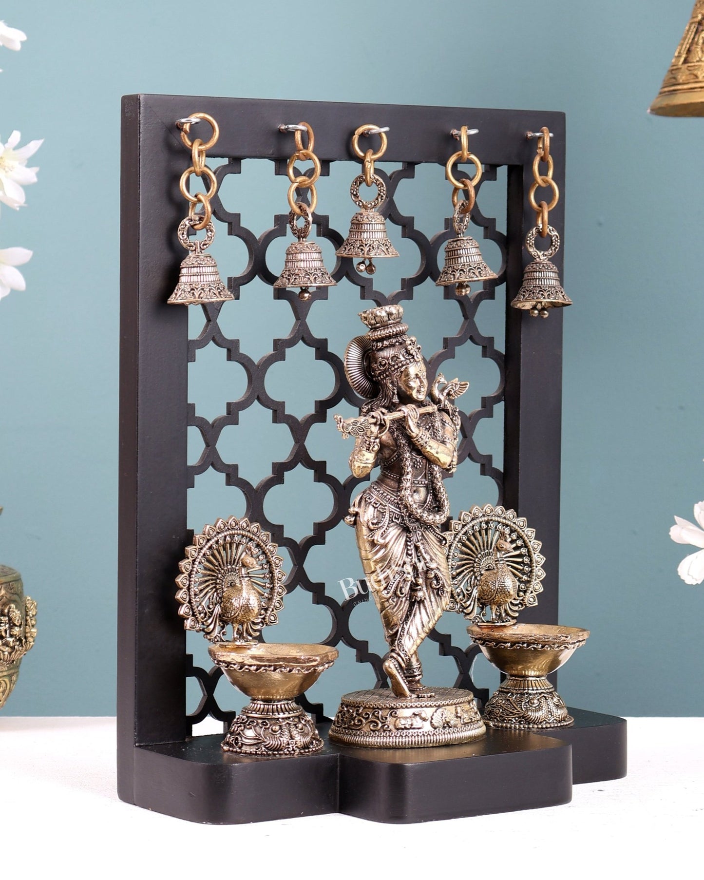 Brass Superfine Lord Krishna with Dual Peacock Lamps & Hanging Bells – MDF Temple Frame - Budhshiv.com