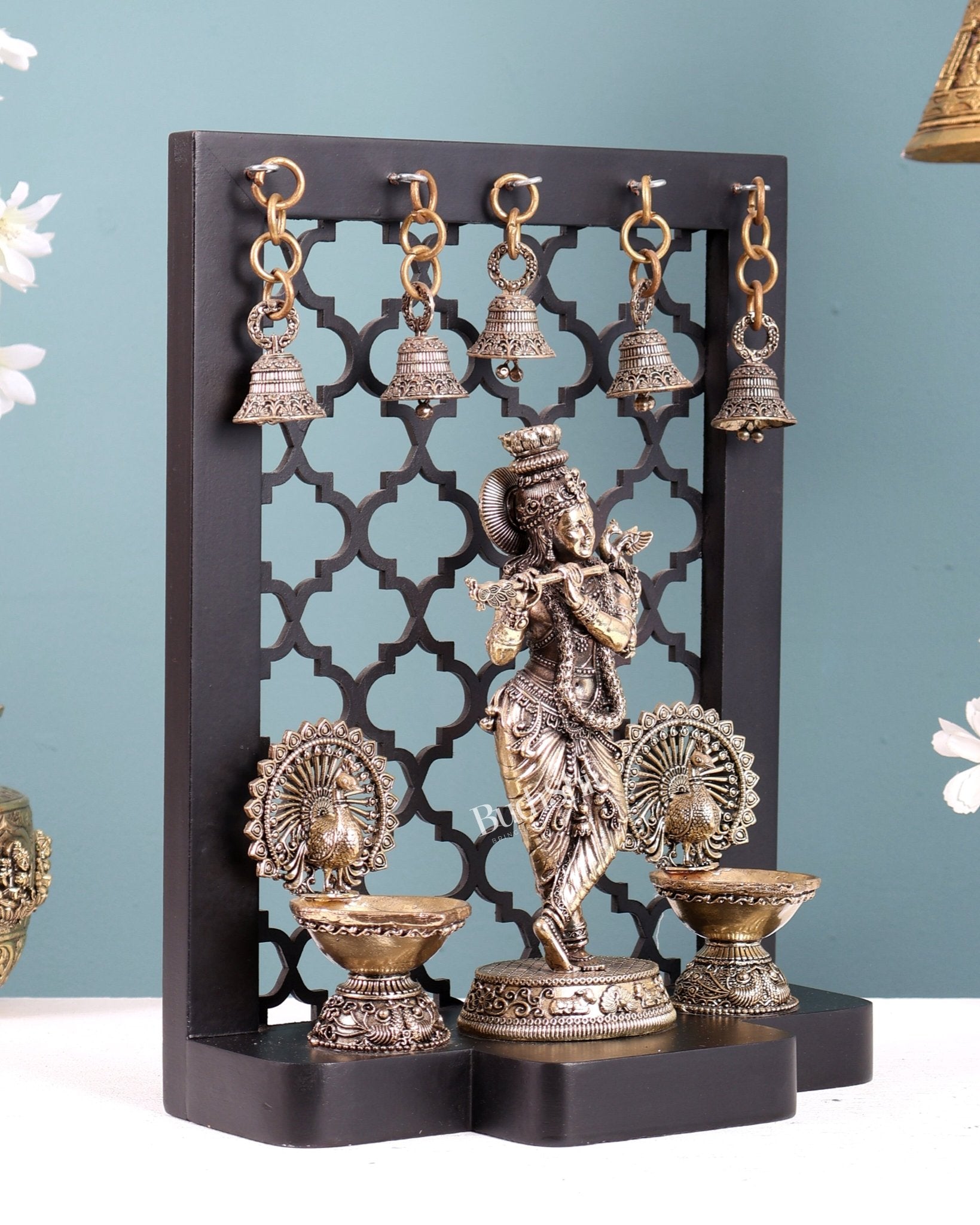 Brass Superfine Lord Krishna with Dual Peacock Lamps & Hanging Bells – MDF Temple Frame - Budhshiv.com