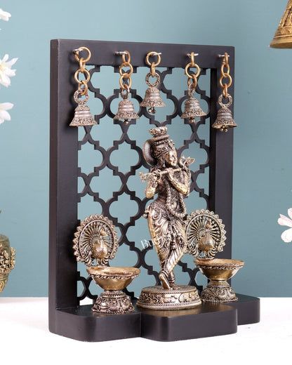 Brass Superfine Lord Krishna with Dual Peacock Lamps & Hanging Bells – MDF Temple Frame - Budhshiv.com
