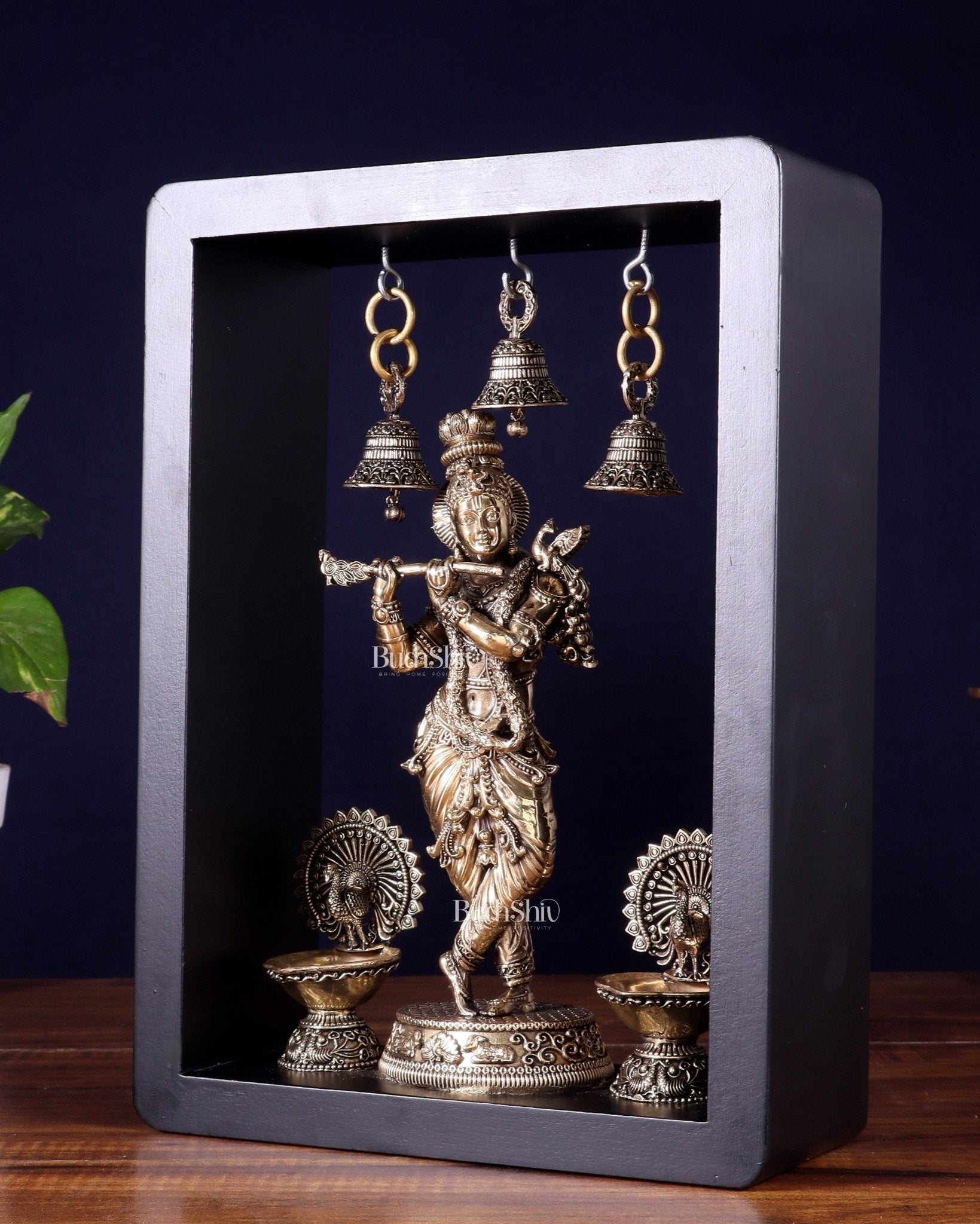 Brass Superfine Lord Krishna with Hanging Bells & Peacock Lamps on MDF Panel 11 inch - Budhshiv.com
