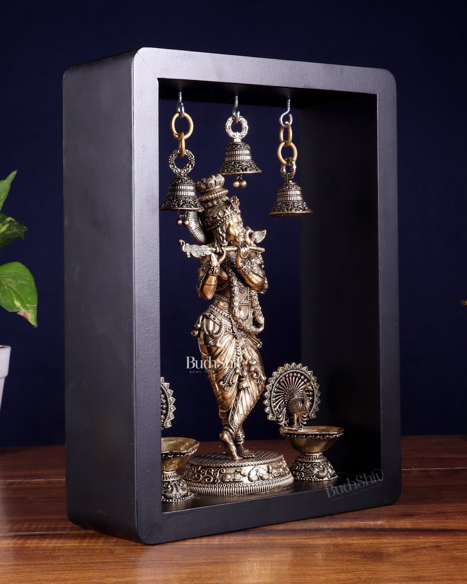 Brass Superfine Lord Krishna with Hanging Bells & Peacock Lamps on MDF Panel 11 inch - Budhshiv.com
