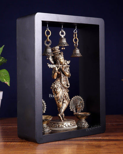 Brass Superfine Lord Krishna with Hanging Bells & Peacock Lamps on MDF Panel 11 inch - Budhshiv.com