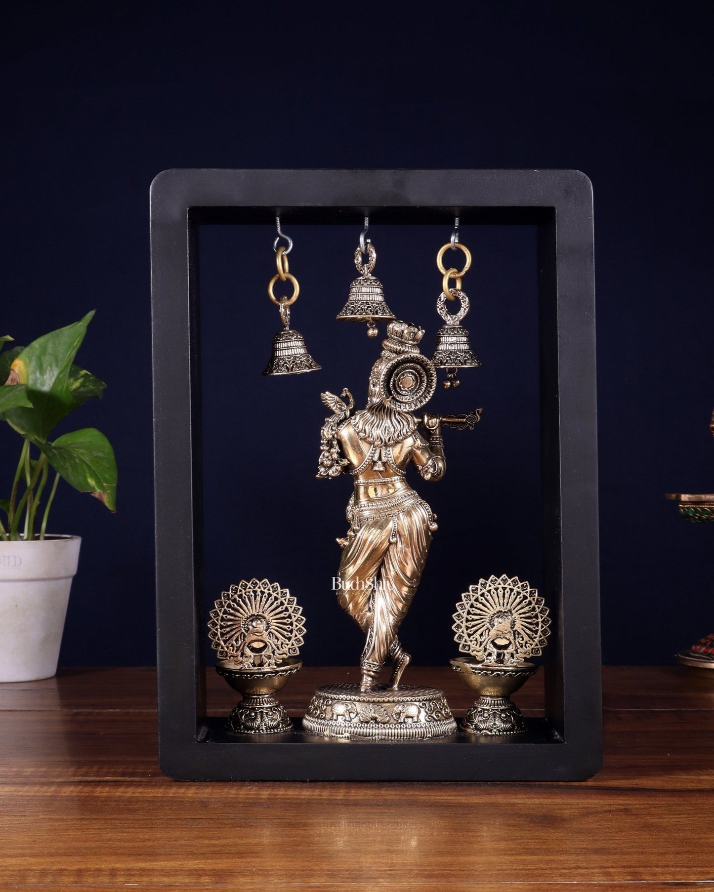 Brass Superfine Lord Krishna with Hanging Bells & Peacock Lamps on MDF Panel 11 inch - Budhshiv.com