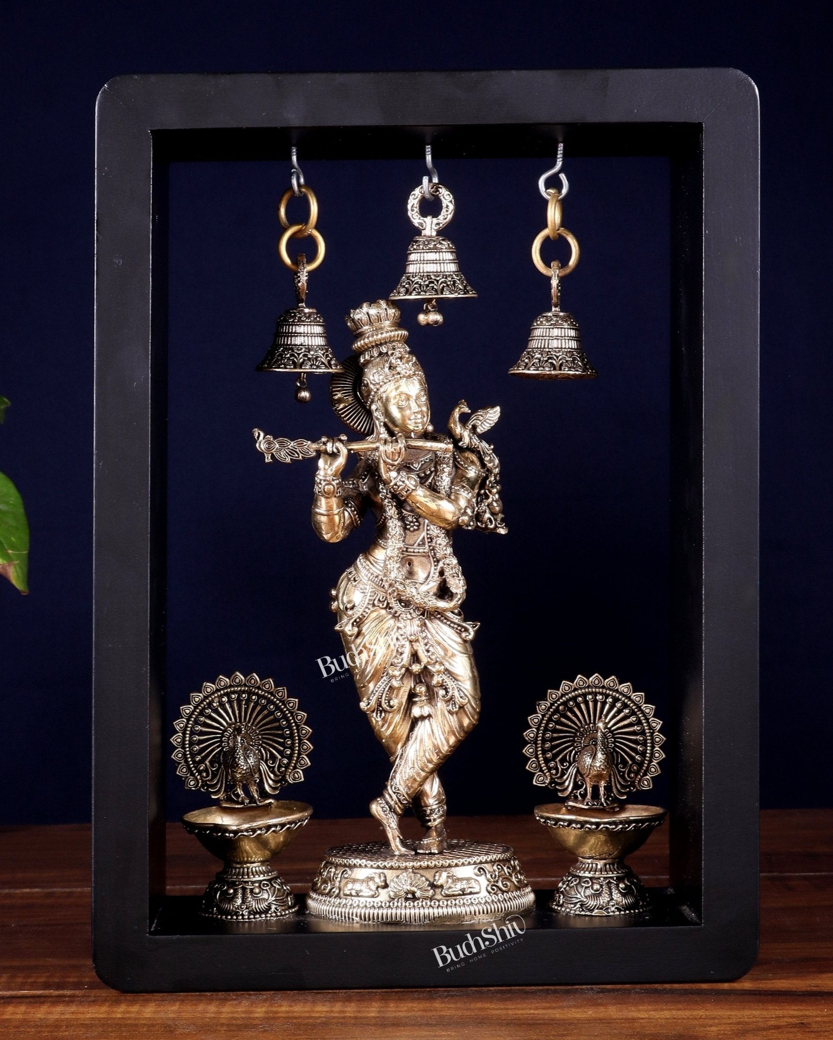 Brass Superfine Lord Krishna with Hanging Bells & Peacock Lamps on MDF Panel 11 inch - Budhshiv.com