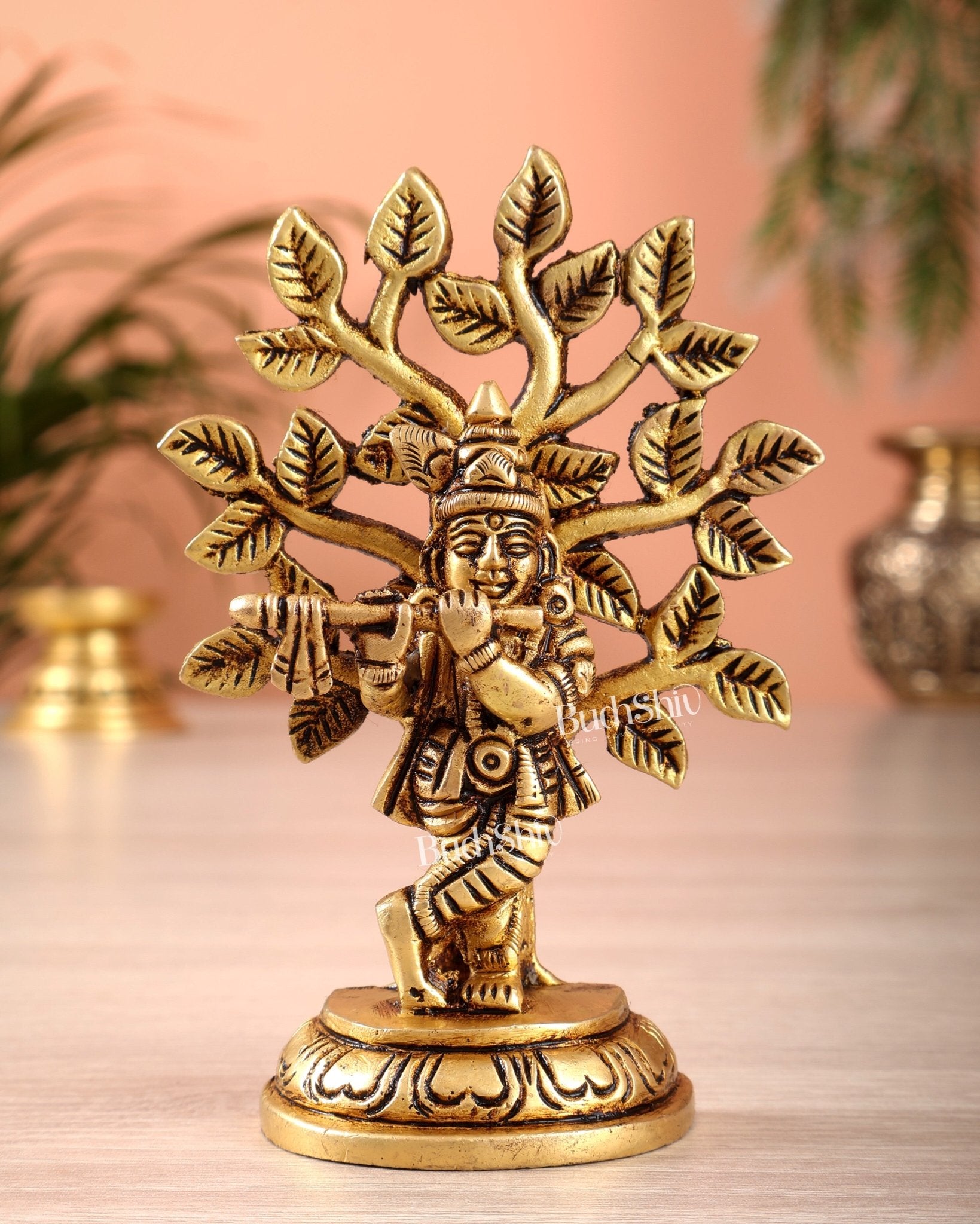 Brass Superfine Lord Krishna with Kalpavriksha Miniature Idol – 3.5 Inch Sacred Statue - Budhshiv.com