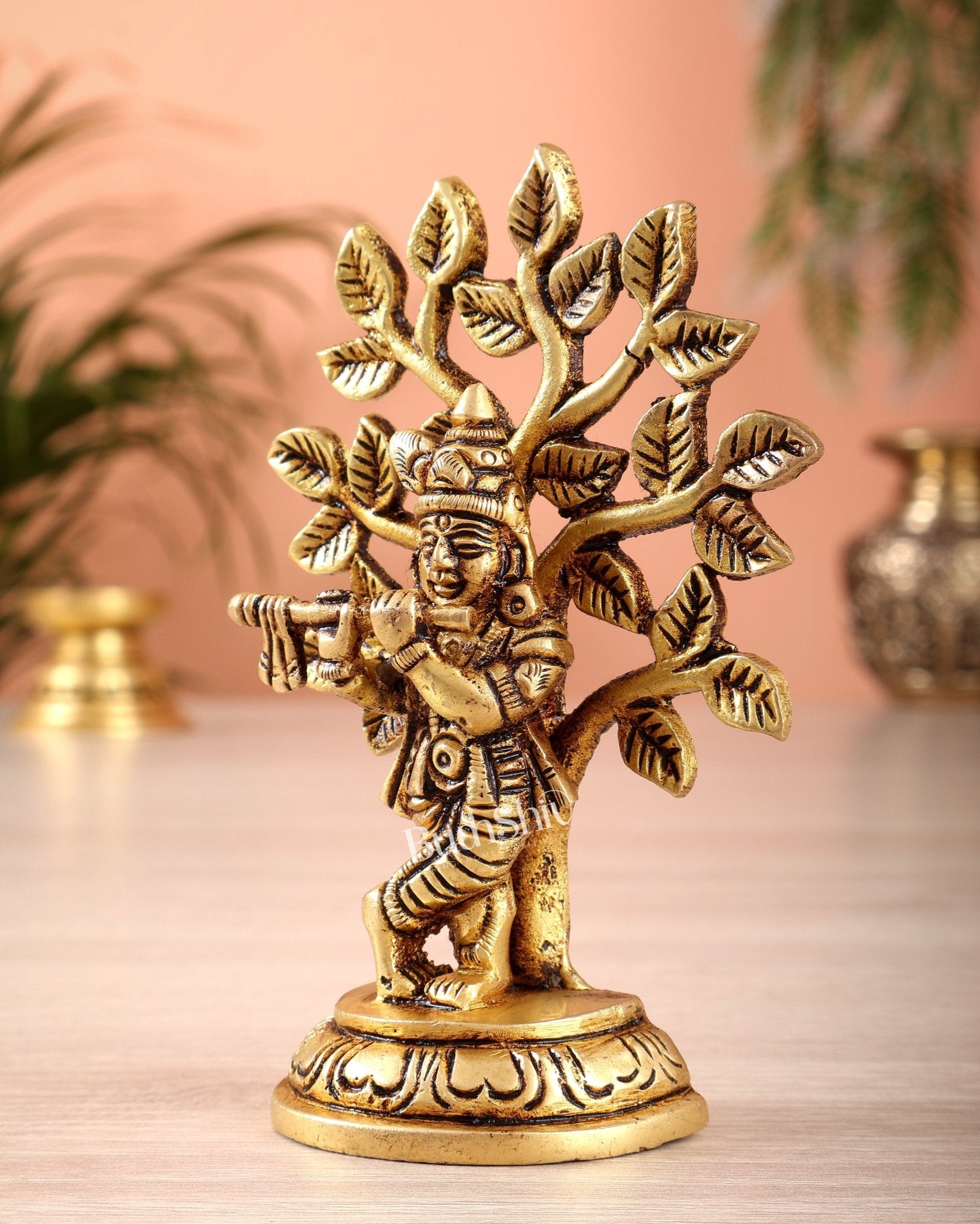 Brass Superfine Lord Krishna with Kalpavriksha Miniature Idol – 3.5 Inch Sacred Statue - Budhshiv.com