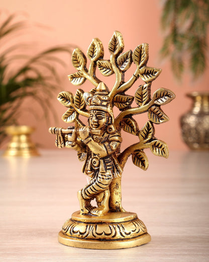 Brass Superfine Lord Krishna with Kalpavriksha Miniature Idol – 3.5 Inch Sacred Statue - Budhshiv.com