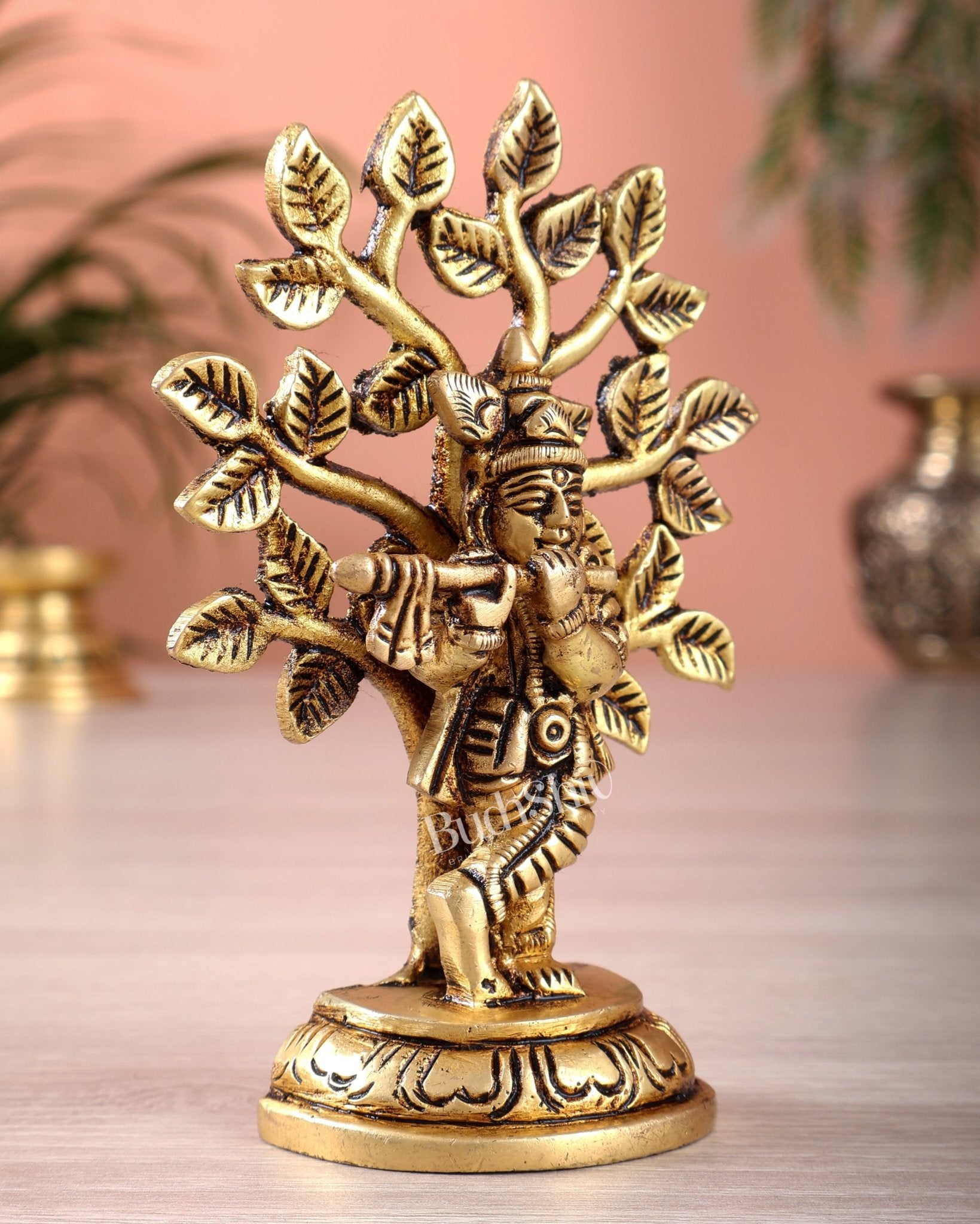 Brass Superfine Lord Krishna with Kalpavriksha Miniature Idol – 3.5 Inch Sacred Statue - Budhshiv.com