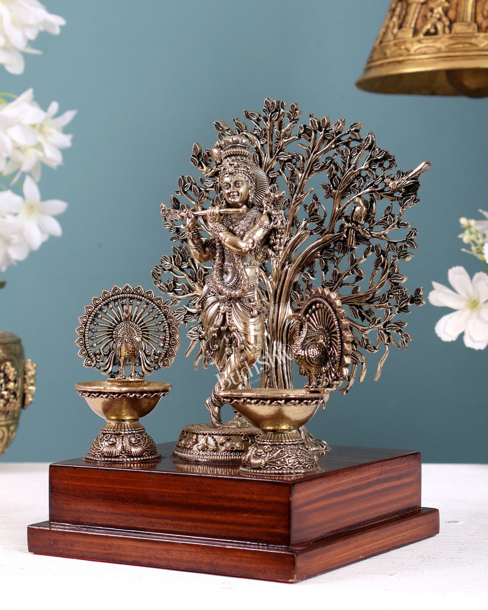 Brass Superfine Lord Krishna with Kalpavriksha & Twin Peacock Lamps on Wooden Base – Decorative Gift Piece (8 Inches) - Budhshiv.com