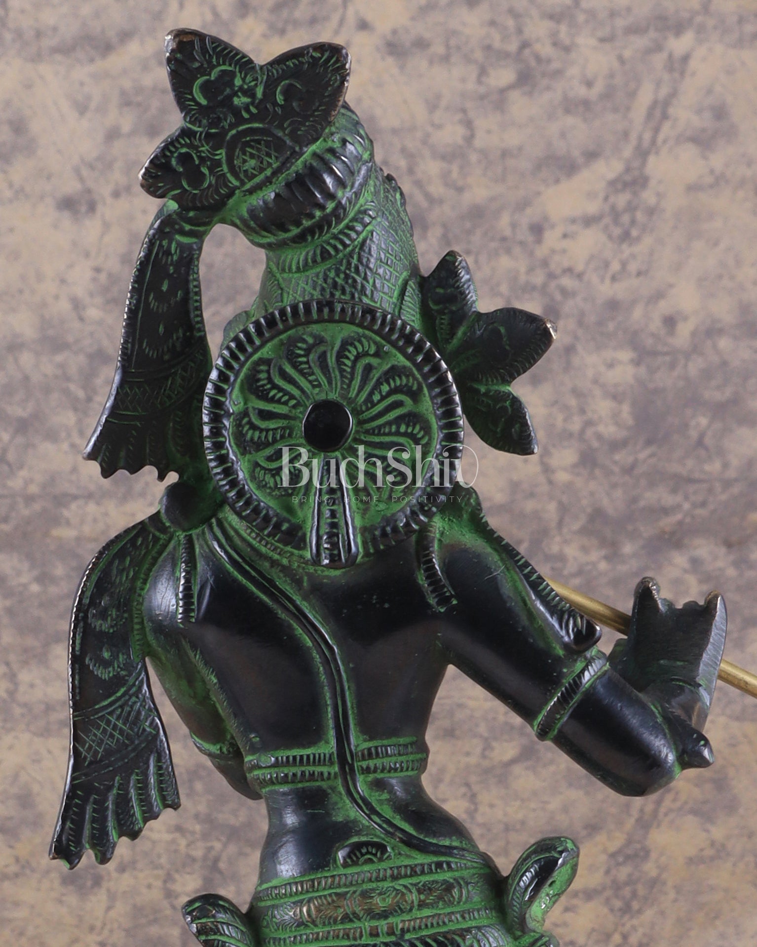 Brass Superfine Lord Krishna with Unique Crown Idol | Height: 14.5 inch black and green patina - Budhshiv.com