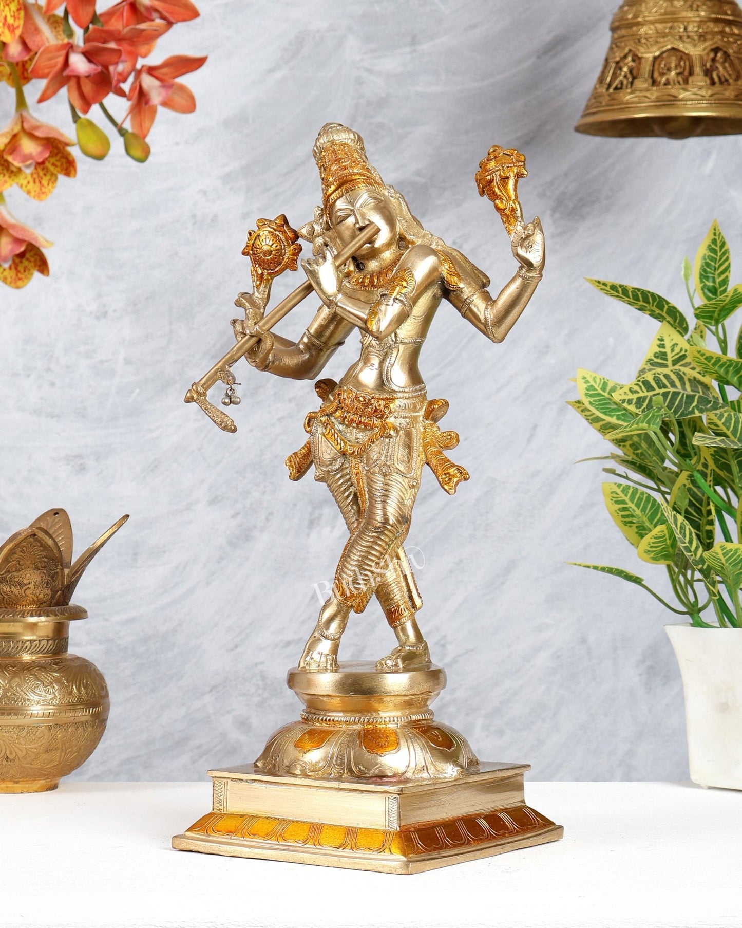 Brass Superfine Lord Krishna with Unique Crown Idol | Height: 14.5 inch - Budhshiv.com