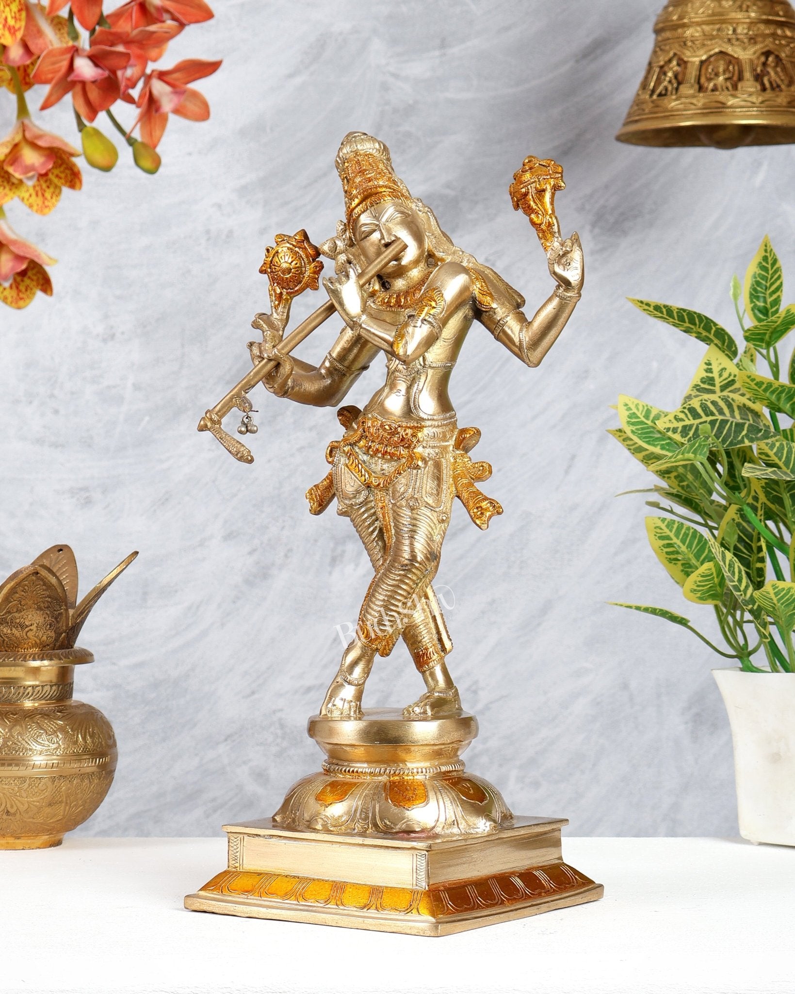 Brass Superfine Lord Krishna with Unique Crown Idol | Height: 14.5 inch - Budhshiv.com