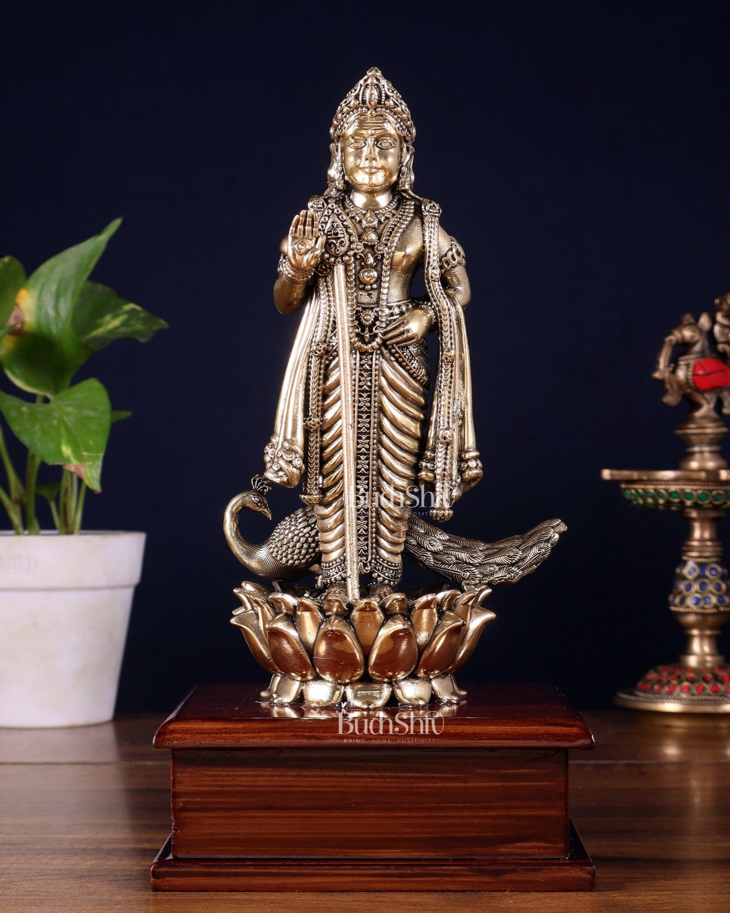 Brass Superfine Lord Murugan Idol on Wooden Base – 10 Inch - Budhshiv.com