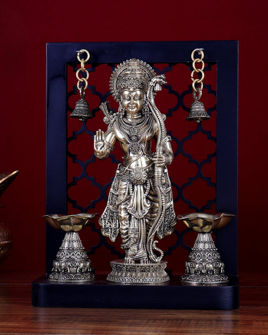 Brass Superfine Lord Rama on Temple Frame with Dual Diyas & Hanging Bells – MDF Platform 12 inch - Budhshiv.com