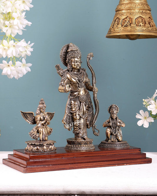 Brass Superfine Lord Rama Statue with Garuda & Hanuman on Wooden Base 12 inch - Budhshiv.com