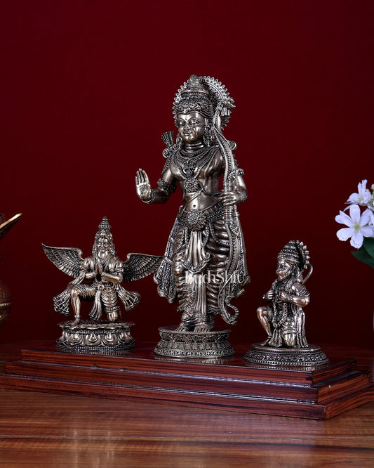 Brass Superfine Lord Rama Statue with Garuda & Hanuman on Wooden Base 12 inch - Budhshiv.com