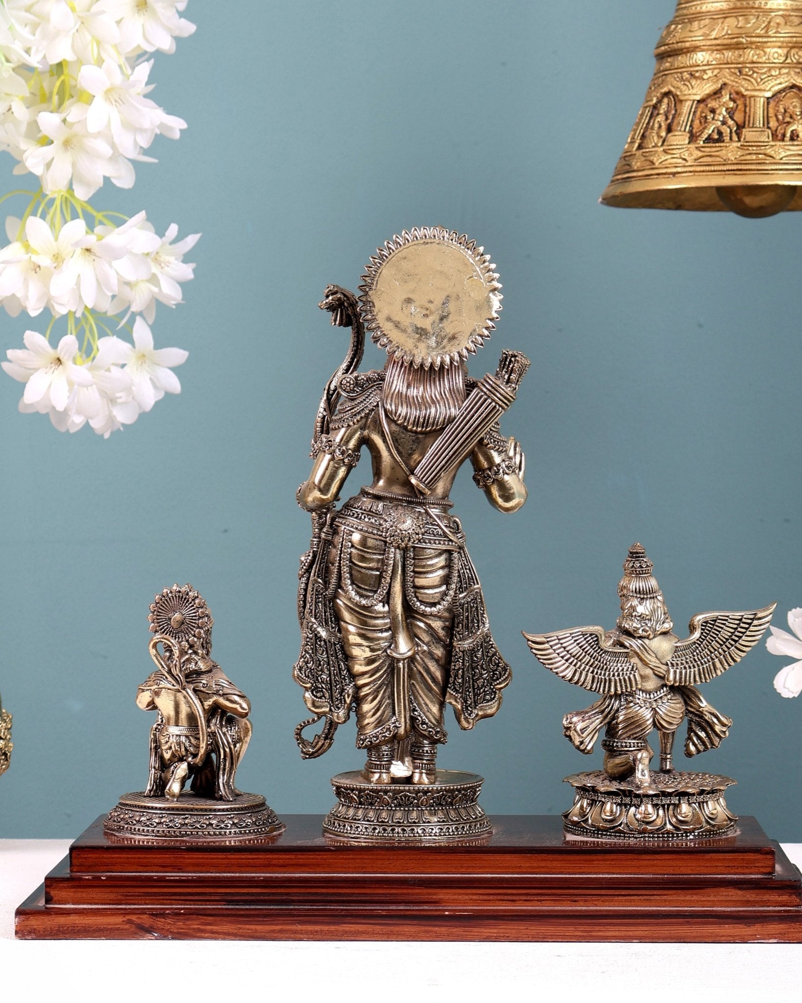 Brass Superfine Lord Rama Statue with Garuda & Hanuman on Wooden Base 12 inch - Budhshiv.com