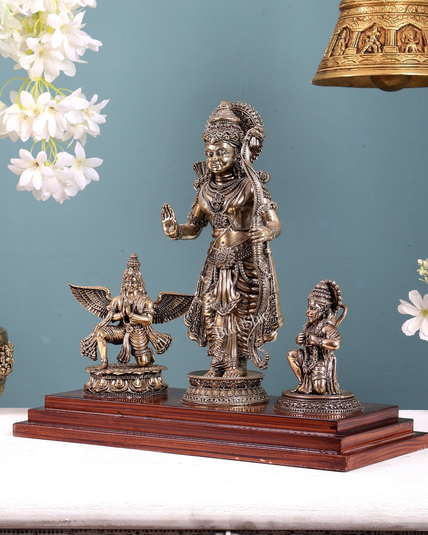 Brass Superfine Lord Rama Statue with Garuda & Hanuman on Wooden Base 12 inch - Budhshiv.com