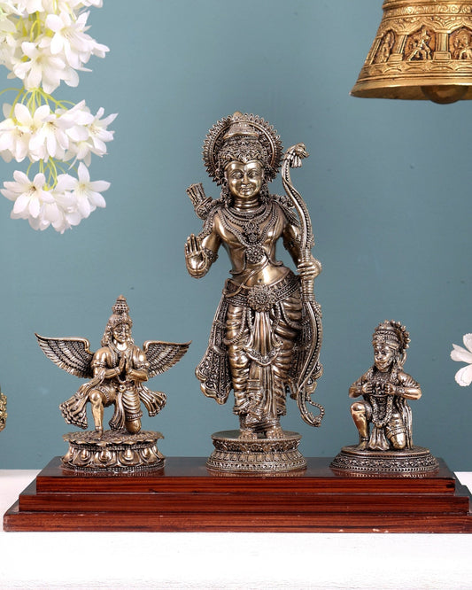 Brass Superfine Lord Rama Statue with Garuda & Hanuman on Wooden Base 12 inch - Budhshiv.com