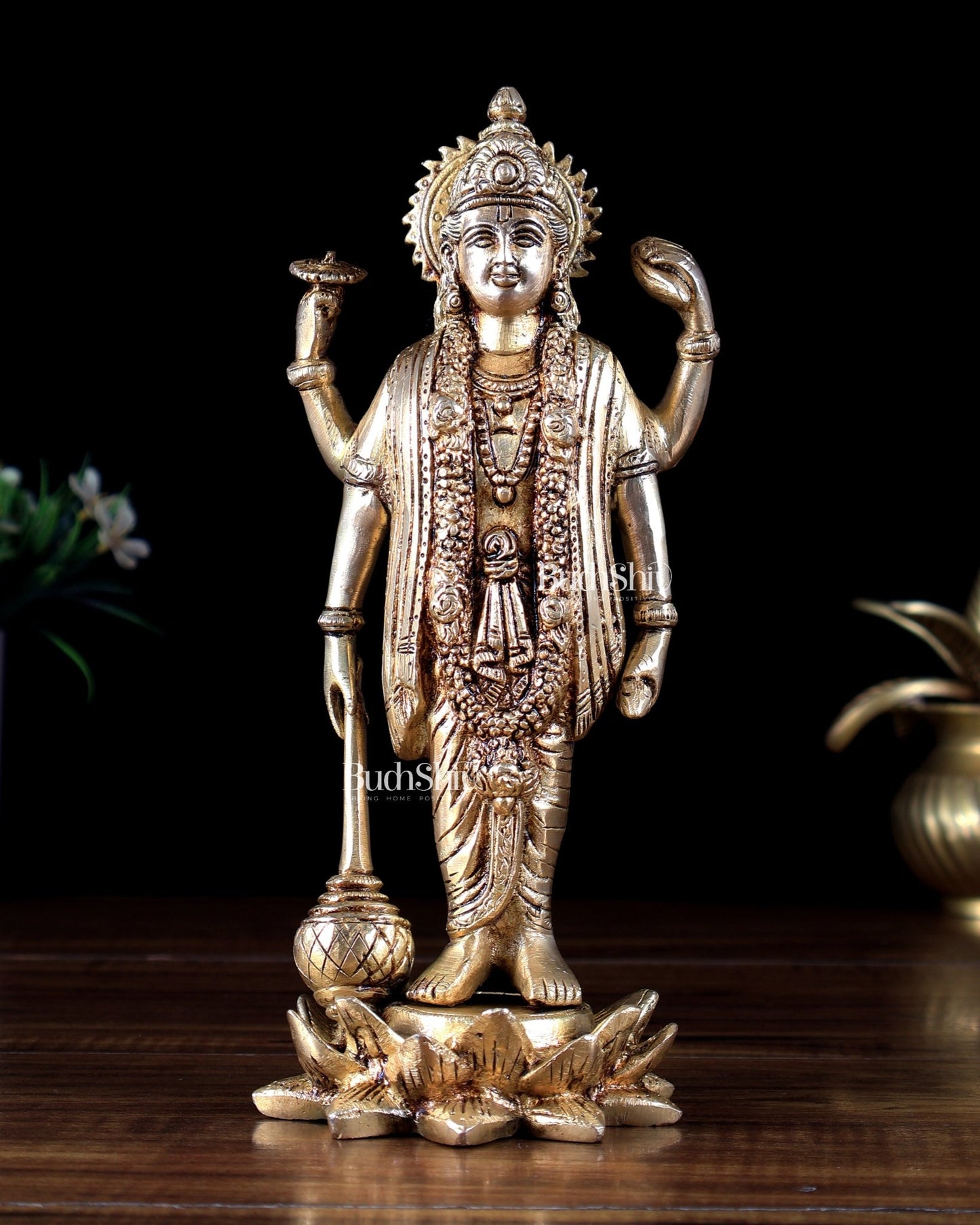 Brass Superfine Lord Satyanarayana (Vishnu) Standing on Lotus – Heavy Brass Sacred Idol - Budhshiv.com