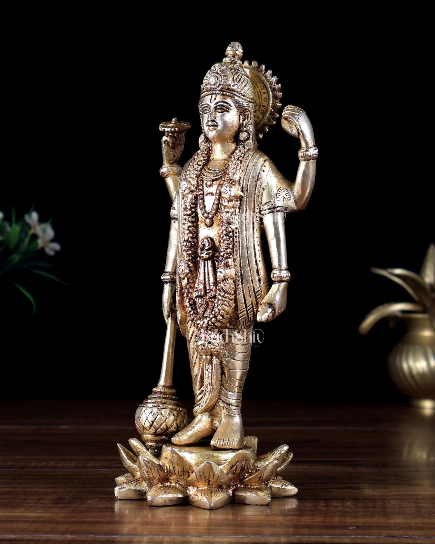 Brass Superfine Lord Satyanarayana (Vishnu) Standing on Lotus – Heavy Brass Sacred Idol - Budhshiv.com