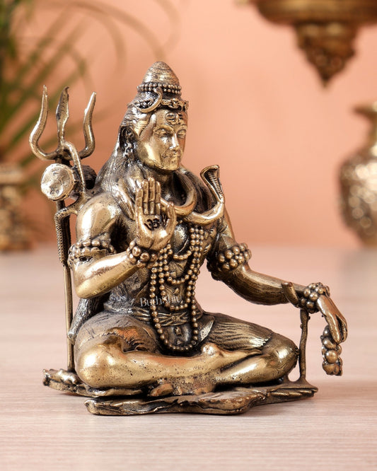 Brass Superfine Lord Shiva Idol in Blessing Mudra with Rudraksha Jap Mala - Budhshiv.com