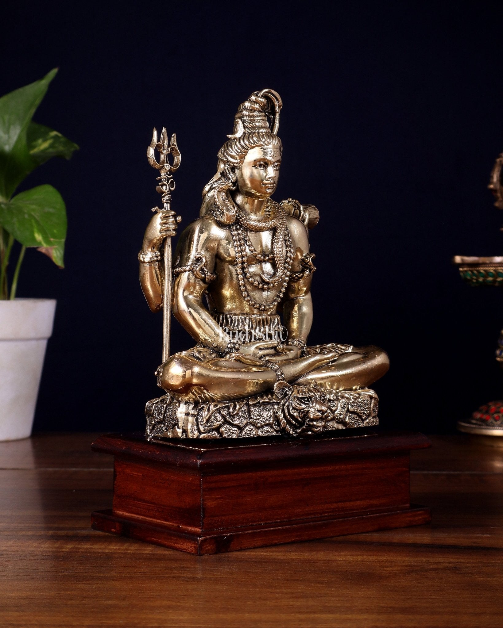 Brass Superfine Lord Shiva in Meditation Statue on Wooden Base – 8.5 Inch - Budhshiv.com