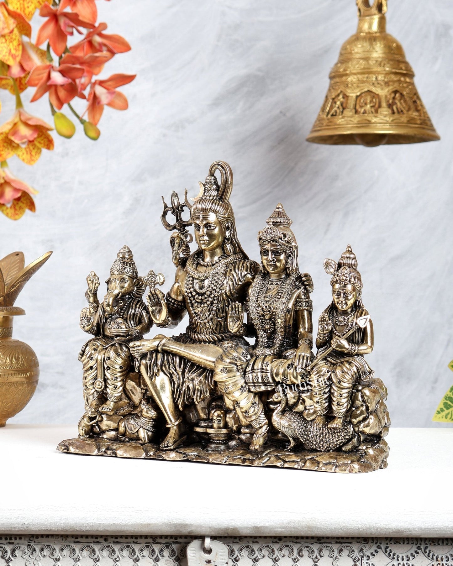 Brass Superfine Lord Shiva Parivar Idol – 9 Inch Complete Family Murti - Budhshiv.com