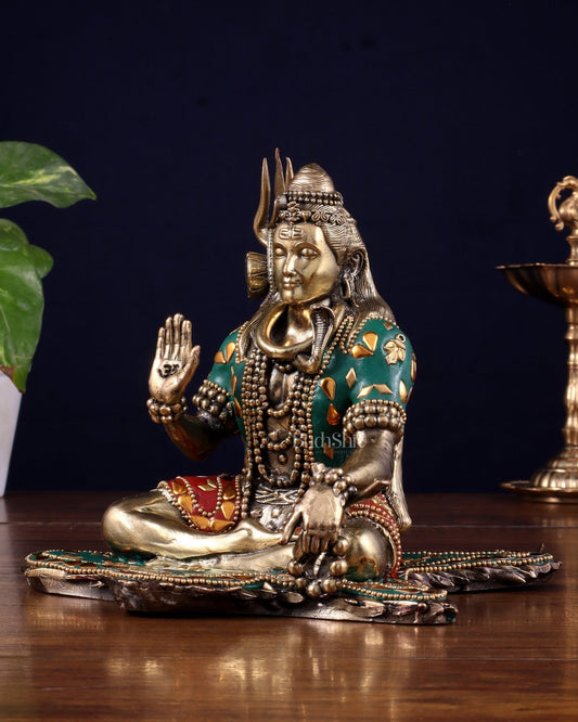 Brass Superfine Lord Shiva Statue 6.5" meenakari Stonework - Budhshiv.com