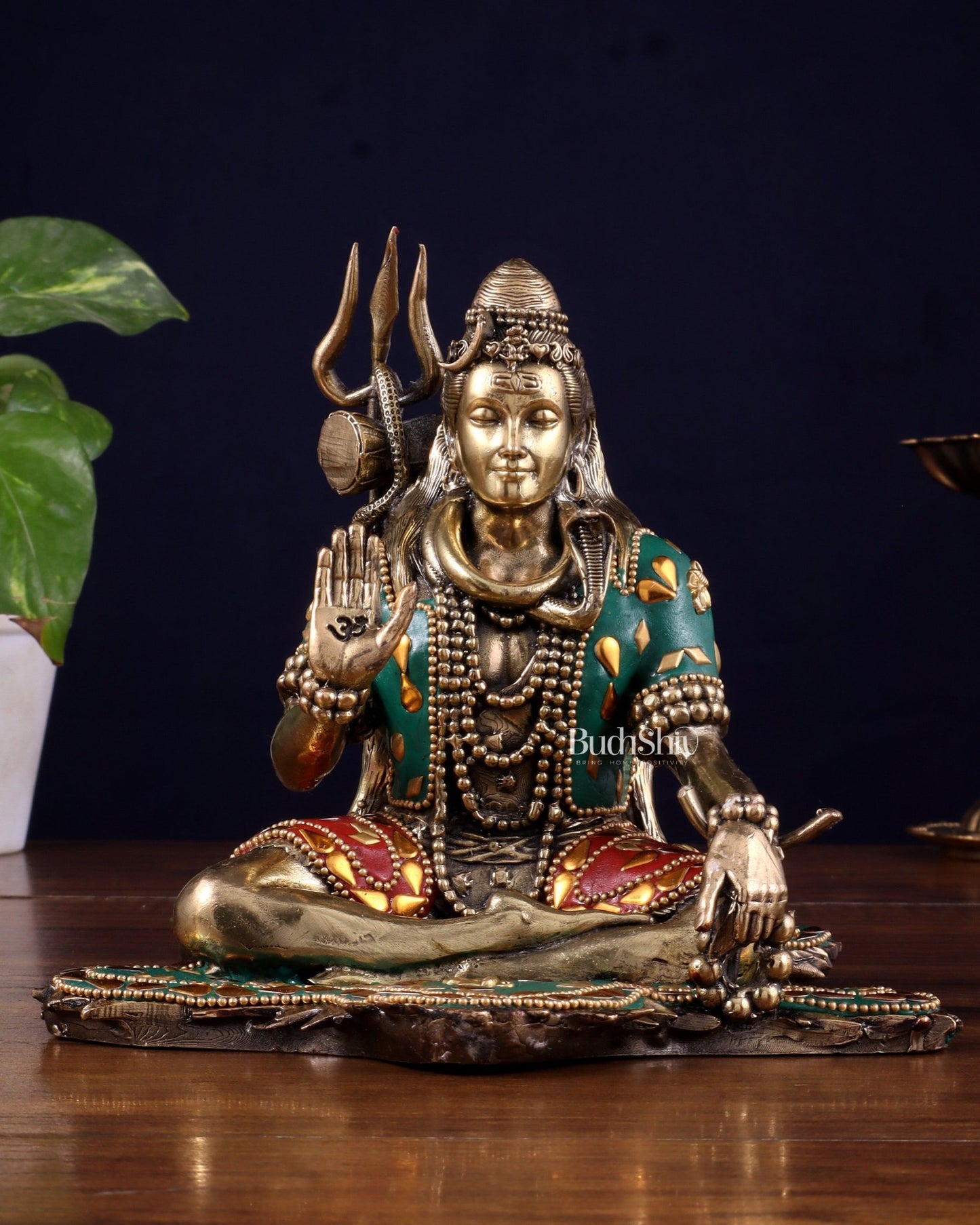 Brass Superfine Lord Shiva Statue 6.5" meenakari Stonework - Budhshiv.com