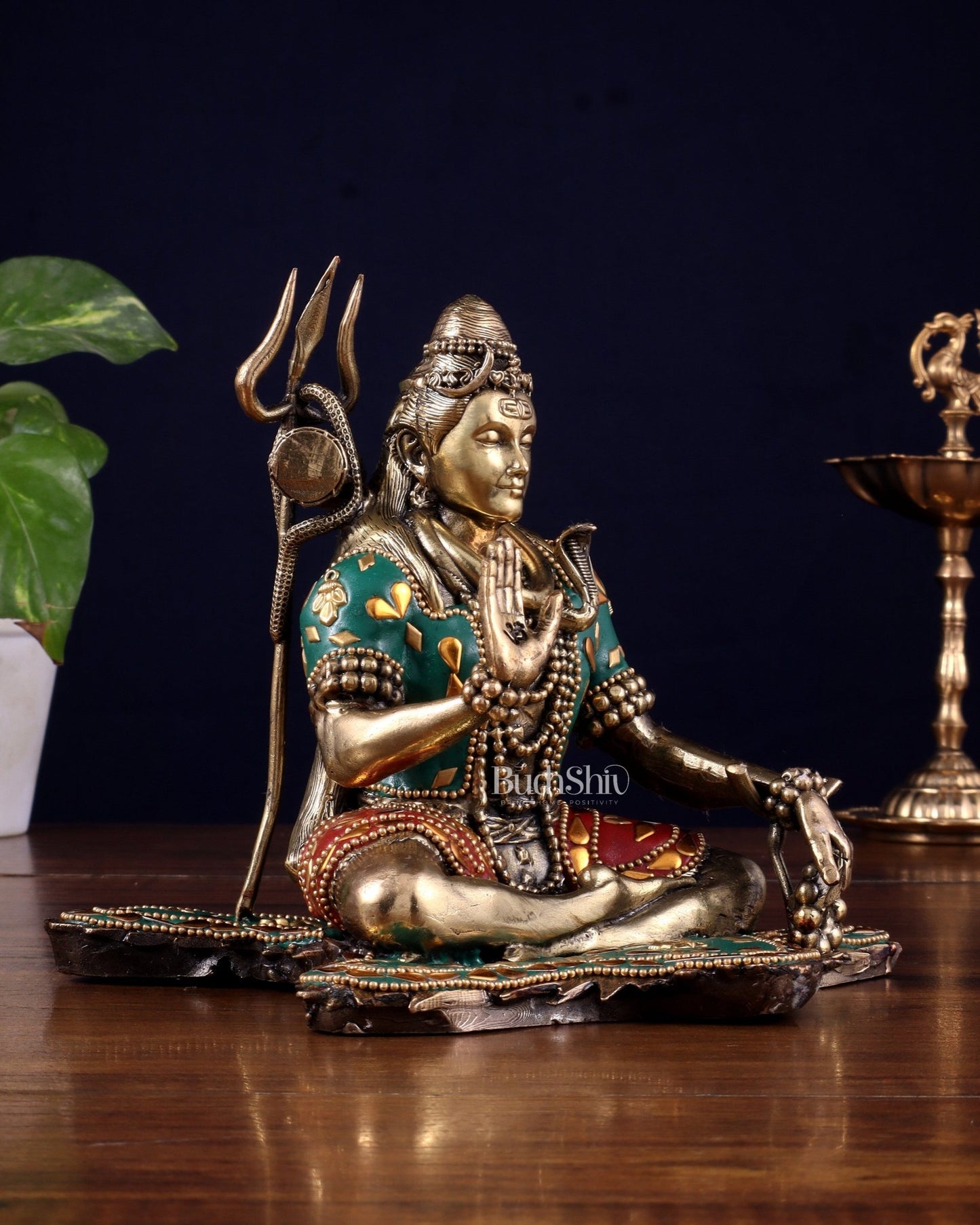 Brass Superfine Lord Shiva Statue 6.5" meenakari Stonework - Budhshiv.com