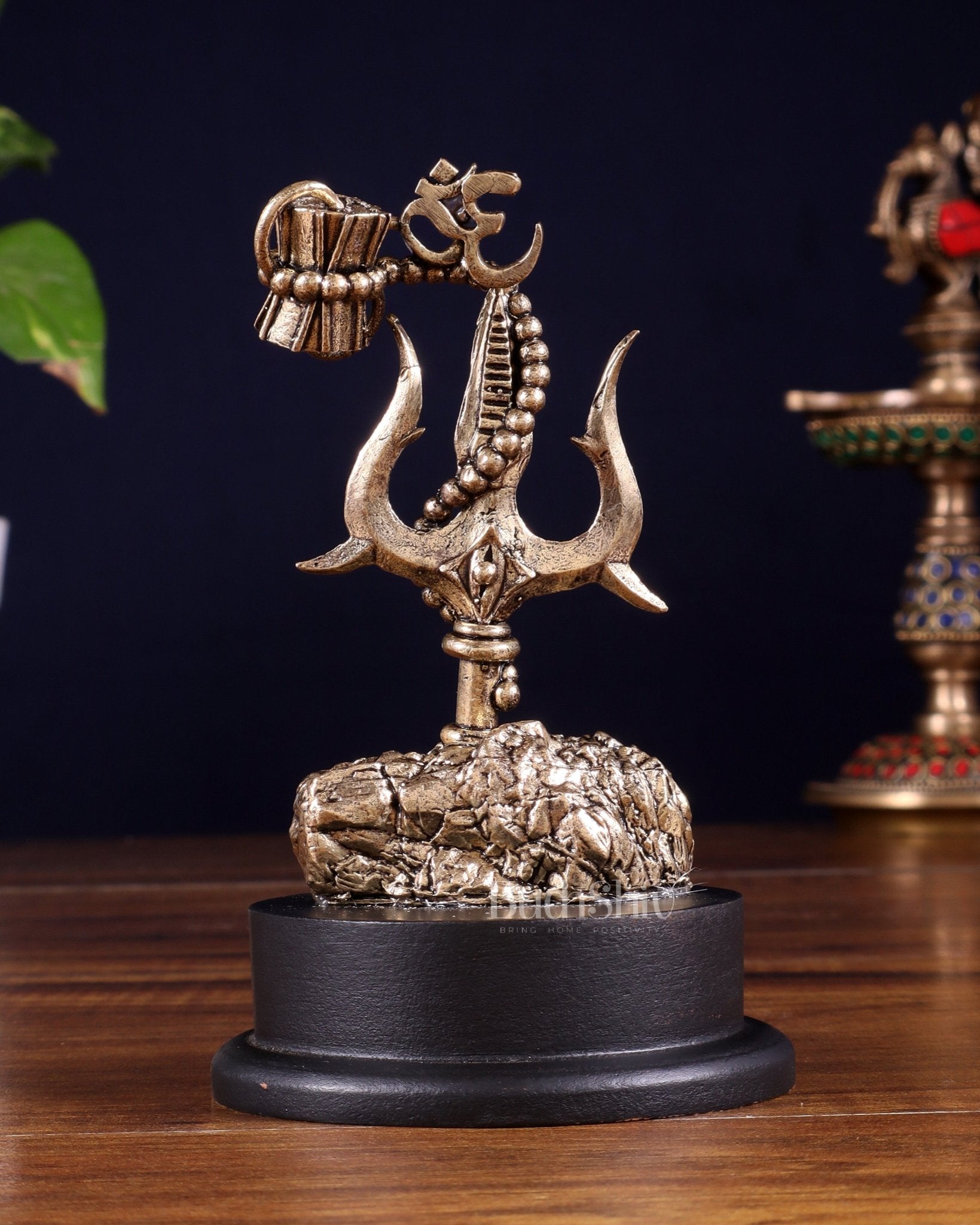 Brass Superfine Lord Shiva Trishul with Damru & Rudraksha Mala on MDF Base – 5 Inch - Budhshiv.com