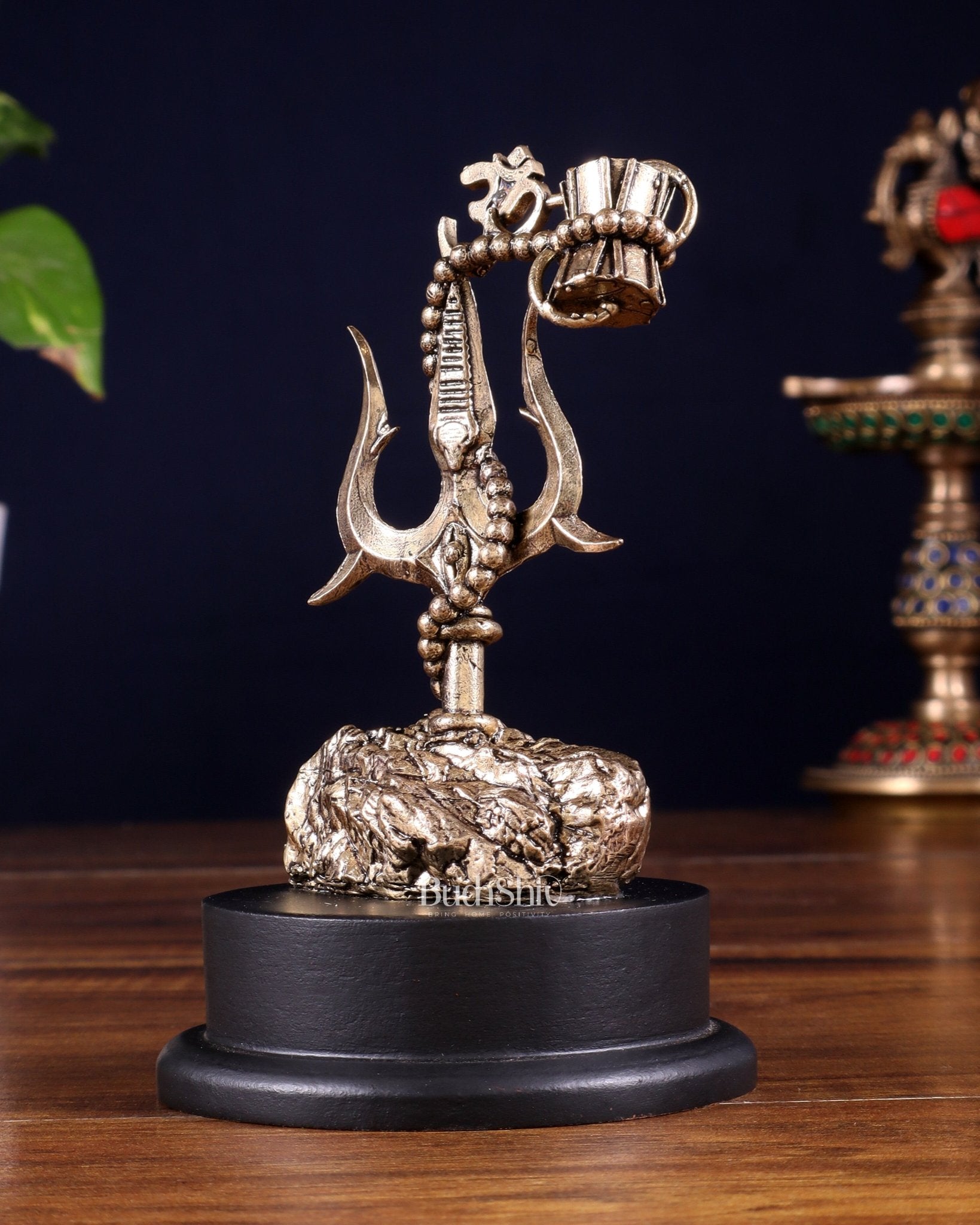Brass Superfine Lord Shiva Trishul with Damru & Rudraksha Mala on MDF Base – 5 Inch - Budhshiv.com