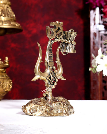 Brass Superfine Lord Shiva Trishul with Om, Damru and Third Eye Carvings 6 inch - Budhshiv.com