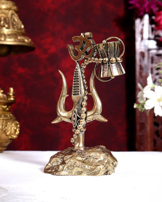 Brass Superfine Lord Shiva Trishul with Om, Damru and Third Eye Carvings 6 inch - Budhshiv.com