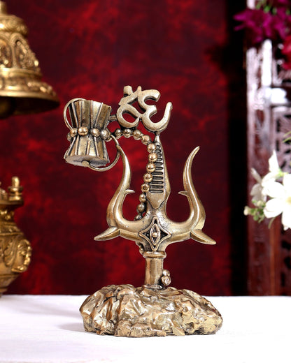 Brass Superfine Lord Shiva Trishul with Om, Damru and Third Eye Carvings 6 inch - Budhshiv.com
